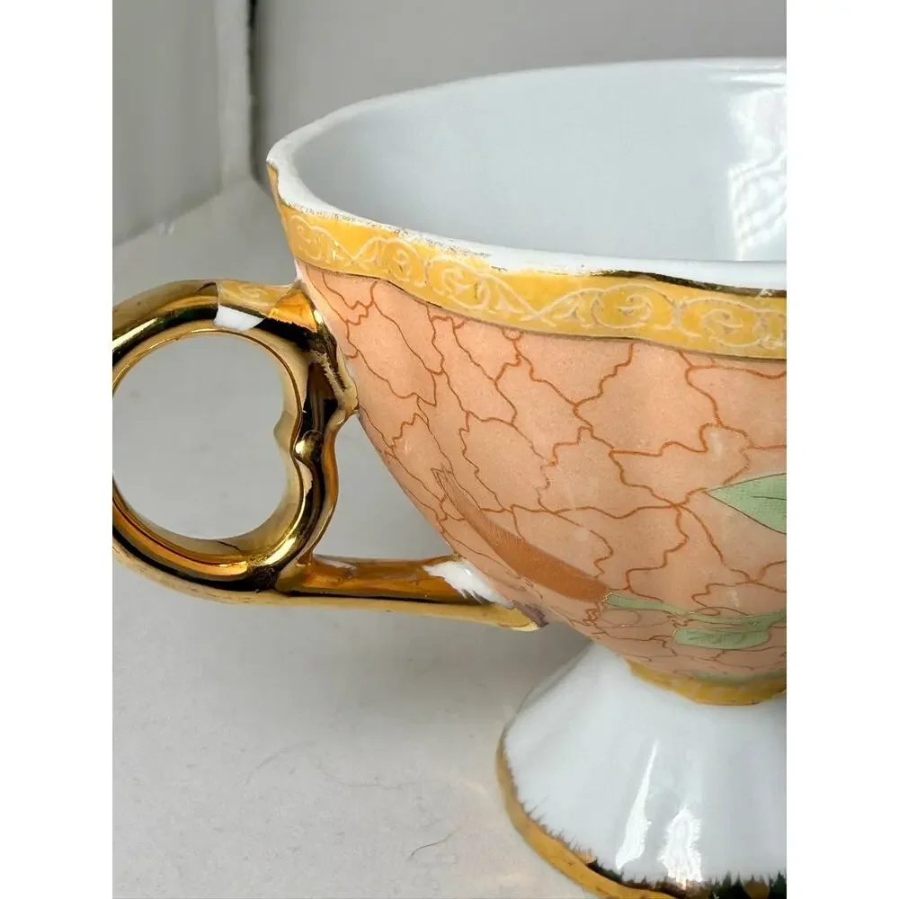 Vintage Yamasen Japan 24K Gold Plated Peach Floral Porcelain Tea Cup & Saucer